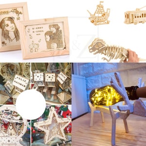 May include: Assortment of wooden laser cut crafts, including a Christmas ornament, a reindeer bottle holder, a dinosaur skeleton, a sailboat, a streetcar, and a picture frame with a family portrait.
