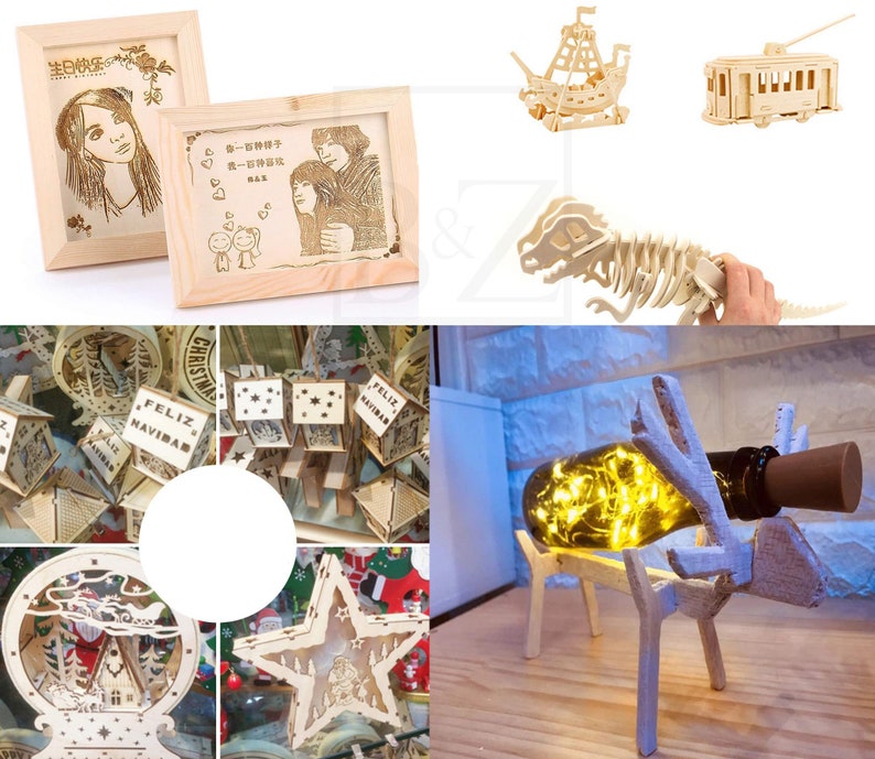 May include: Assortment of wooden laser cut crafts, including a Christmas ornament, a reindeer bottle holder, a dinosaur skeleton, a sailboat, a streetcar, and a picture frame with a family portrait.