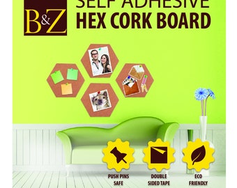 B&Z Sticky Cork board Tiles Hexagone Self Adhesive Mini Wall Bulletin | Lightweight, Stick Well , Easy to Install, Multipurpose, Free Pins