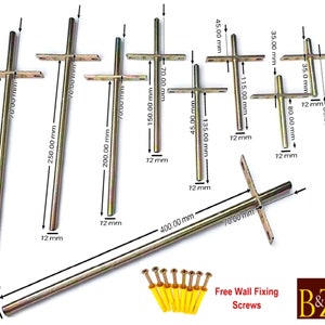 May include: Set of 10 metal shelf supports in various lengths, ranging from 3 cm to 40 cm. Each support has a cross-shaped bracket with two holes on each side. The supports are gold-coloured and come with free wall fixing screws.