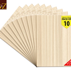 May include: A pack of 10 wood craft sheets, each measuring 11.8 inches by 8.7 inches and 0.12 inches thick. The sheets are a light beige color with a wood grain pattern. The pack is labeled "PACK OF 10" and "0.3 cm Thick".