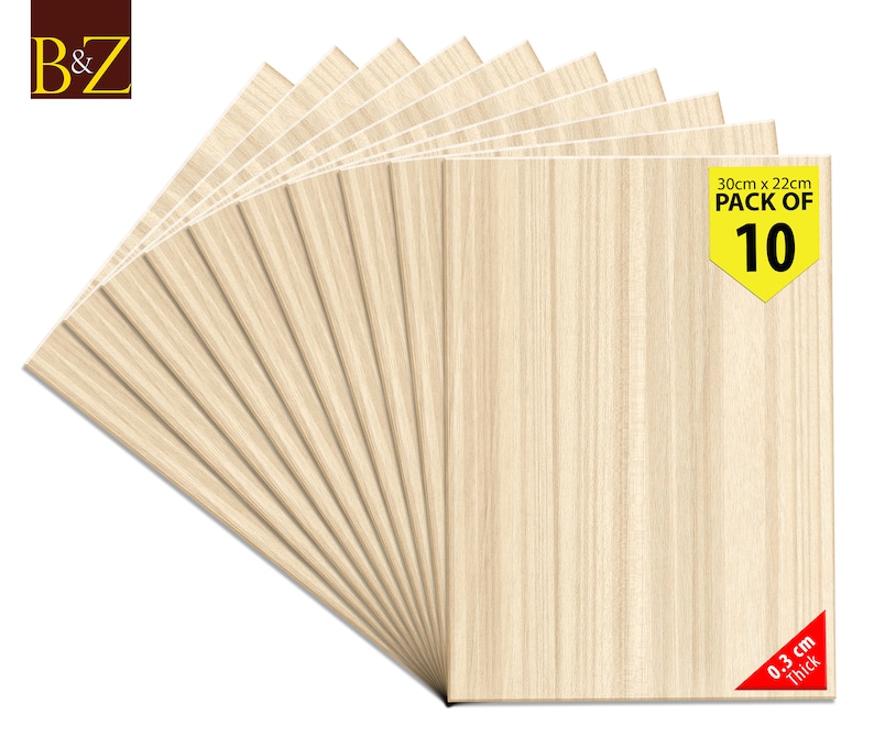 May include: A pack of 10 wood craft sheets, each measuring 11.8 inches by 8.7 inches and 0.12 inches thick. The sheets are a light beige color with a wood grain pattern. The pack is labeled "PACK OF 10" and "0.3 cm Thick".