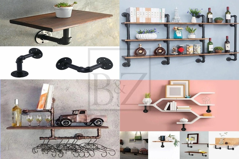 May include: A set of black metal pipe shelves with various wood shelves. The shelves are decorated with plants, books, and other decorative items. The shelves are mounted on a wall.