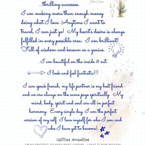 May include: A handwritten journal page with blue ink script. The page includes affirmations about money, travel, and self-love. Decorative elements include a lightbulb, a heart, and stars. The words "Sample Page" are written in red at the top.
