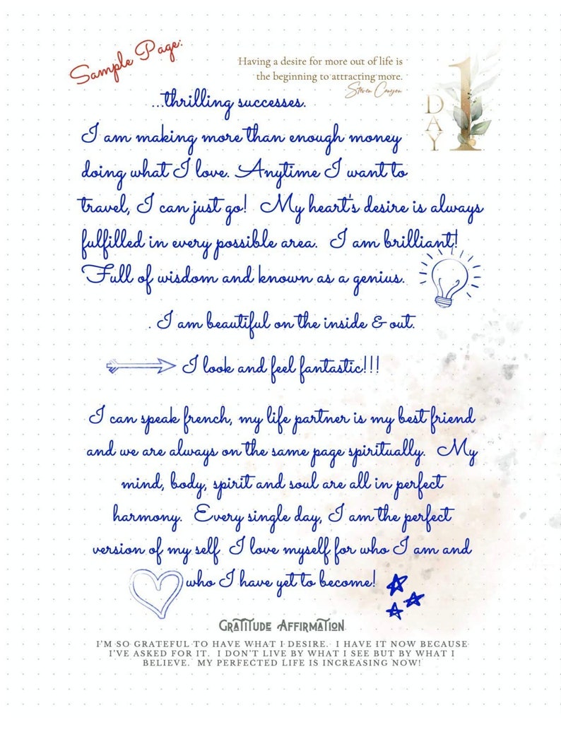 May include: A handwritten journal page with blue ink script. The page includes affirmations about money, travel, and self-love. Decorative elements include a lightbulb, a heart, and stars. The words "Sample Page" are written in red at the top.