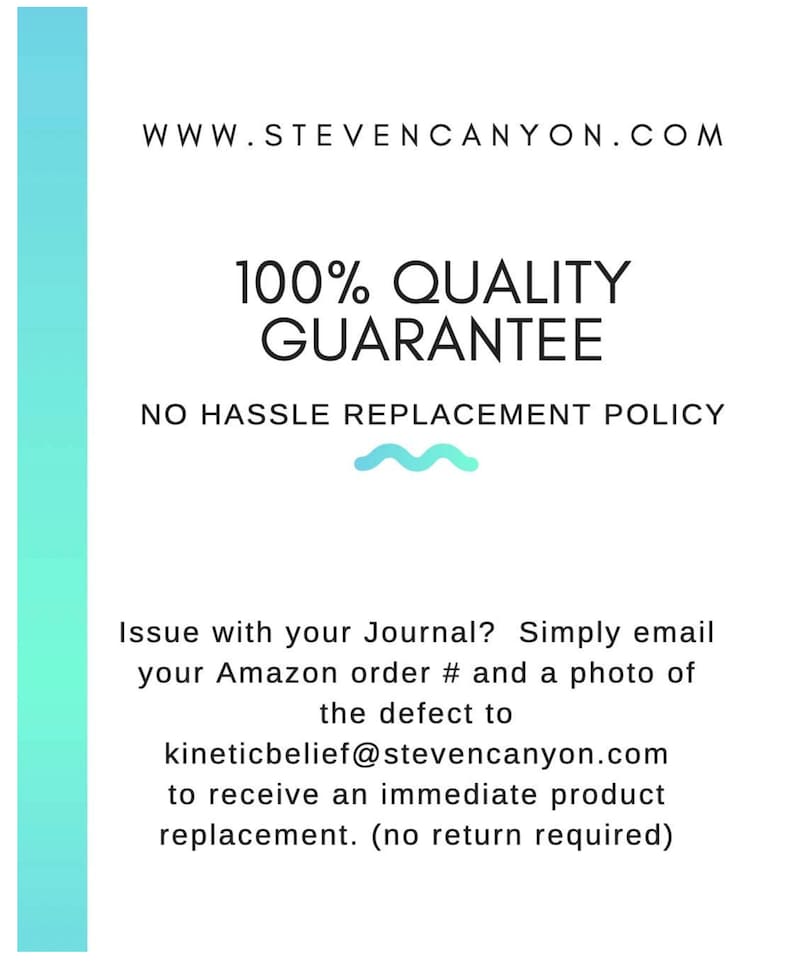 May include: White background with text: WWW.STEVENCANYON.COM, 100% QUALITY GUARANTEE, NO HASSLE REPLACEMENT POLICY. Text also states to email Amazon order number and photo of defect to kineticbelief@stevencanyon.com for replacement.