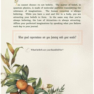 May include: A journal page with text about the power of belief and the Law of Attraction. The page has a watercolor illustration of oranges and green leaves. Text includes "YOU WILL HAVE WHAT YOU SAY" and prompts for reflection.
