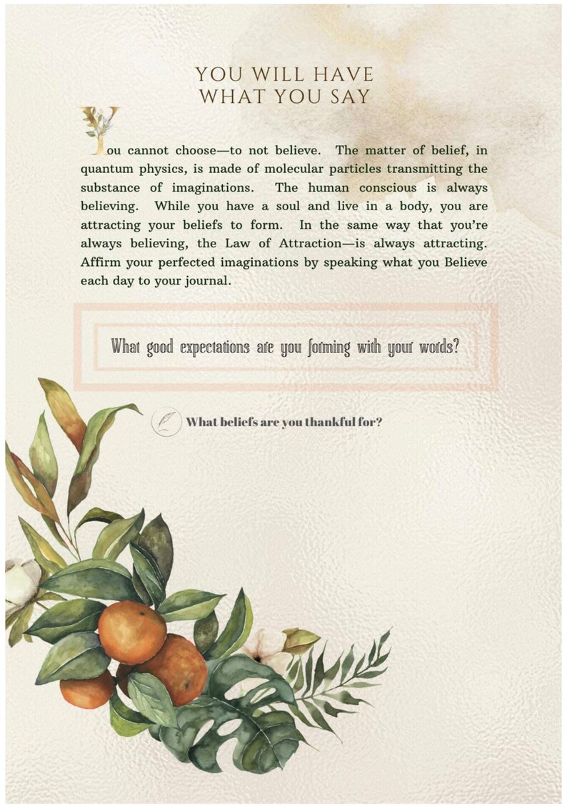 May include: A journal page with text about the power of belief and the Law of Attraction. The page has a watercolor illustration of oranges and green leaves. Text includes "YOU WILL HAVE WHAT YOU SAY" and prompts for reflection.