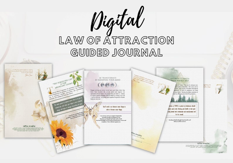 May include: Digital Law of Attraction Guided Journal with several open pages. The pages feature watercolor designs, floral elements, and inspirational text. The journal's title is written in a stylish script font.