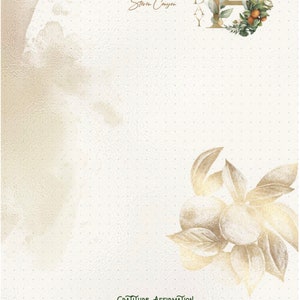May include: A beige journal page with text and illustrations. The text includes a quote by Steven Canyon and a gratitude affirmation. The illustrations feature gold-colored leaves and oranges, with a decorative "14 DAY" design.