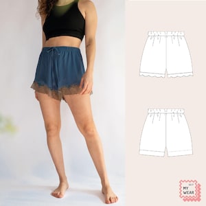 Könnte beinhalten: Blaue Satin-Shorts mit Kordelzug und brauner Spitzenborte. Die Shorts werden mit einem schwarzen Oberteil kombiniert. Auf der rechten Seite des Bildes befindet sich eine Diagramm der Shorts.