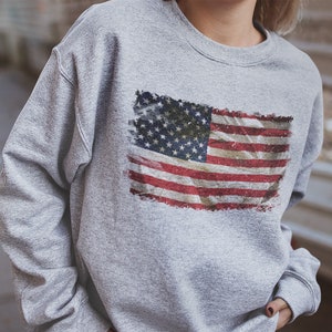 May include: A gray sweatshirt with a distressed American flag print.