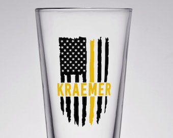 Personalized Dispatcher Pint, Thin Gold Line Pint, Dispatcher Gift, 911 Dispatcher Gift, Thin Yellow Line Gift , Custom Dispatcher Flag