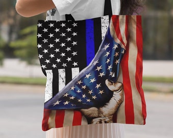Think Blue Line American Flag Tote Bag, Police Officer Gifts, Back the Blue Tote Bag, Blue Lives Matter Tote, Law Enforcement Gift, USA Flag