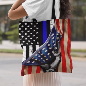 Think Blue Line American Flag Tote Bag, Police Officer Gifts, Back the Blue Tote Bag, Blue Lives Matter Tote, Law Enforcement Gift, USA Flag