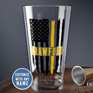 Personalized Dispatcher Pint, Thin Gold Line Pint, Dispatcher Gift, 911 Dispatcher Gift, Thin Yellow Line Gift , Custom Dispatcher Flag