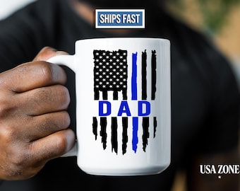 Police Officer Mug, Thin Blue Line Flag 15oz Ceramic Cup for Dad, Custom Law Enforcement Grandpa Uncle Drinkware