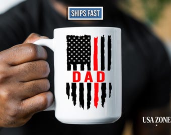 Firefighter Mug Personalized, Thin Red Line Flag Ceramic Coffee Cup for Dad, Fire Department Chief Custom Last Name