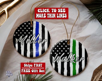 Personalized First Responder Ornament - Custom Thin Line Flag Christmas Ornament -  Police Blue Line Ornament - Thin Red Line Firefighter