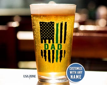 Military Dad Gift Pint Glass, Thin Green Line Beer Mug, Border Patrol Agent, Custom Last Name, Park Ranger