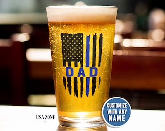 Police Officer Dad Gift Pint Glass, Thin Blue Line Flag Beer Mug, Law Enforcement Retirement