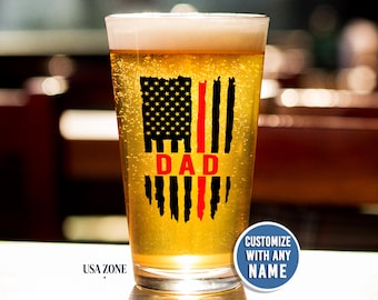 Firefighter Dad Gift Pint Glass, Thin Red Line Beer Mug, Fire Department Grandpa, Custom Last Name Fireman Uncle