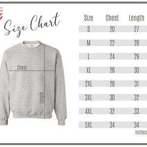 May include: Size chart for a sweatshirt with measurements in inches for chest and length. Sizes range from S to 5XL.