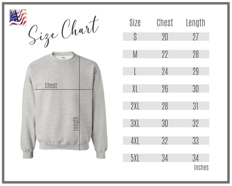 May include: Size chart for a sweatshirt with measurements in inches for chest and length. Sizes range from S to 5XL.