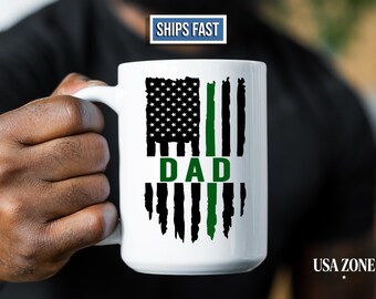 Military Mug, Thin Green Line Flag 15oz Ceramic Coffee Cup for Dad, Border Patrol Gift, Park Ranger Custom Last Name
