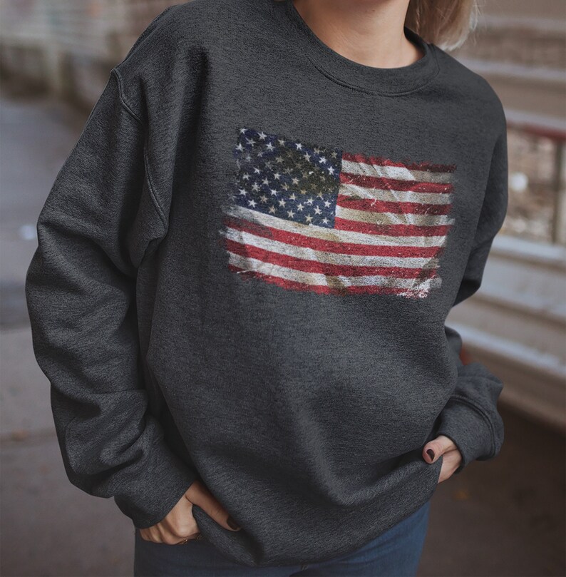 May include: A dark gray sweatshirt with a distressed American flag design printed on the front.