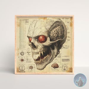 Könnte beinhalten: Gerahmter Druck mit einer detaillierten Illustration eines Schädels mit freiliegendem Gehirn und leuchtend roten Augen. Das Kunstwerk ist vor einem Vintage-Kartenhintergrund mit anatomischen Diagrammen platziert. Der Rahmen hat eine helle Holzfarbe.