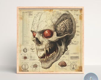 Stampa artistica surrealista con teschio alieno, poster di anatomia Weird Core, arte murale cyberpunk gotica, download digitale di fantascienza, arredamento moderno per la casa.