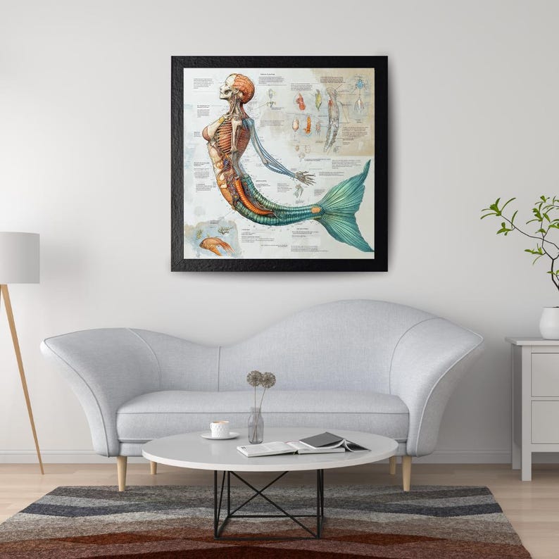 Pu&ograve; includere: Illustrazione anatomica incorniciata di una sirena, che mostra la struttura scheletrica e muscolare. La coda della sirena &egrave; verde acqua, con transizione all'arancione e al marrone. L'opera d'arte &egrave; su sfondo beige, incorniciata in nero.