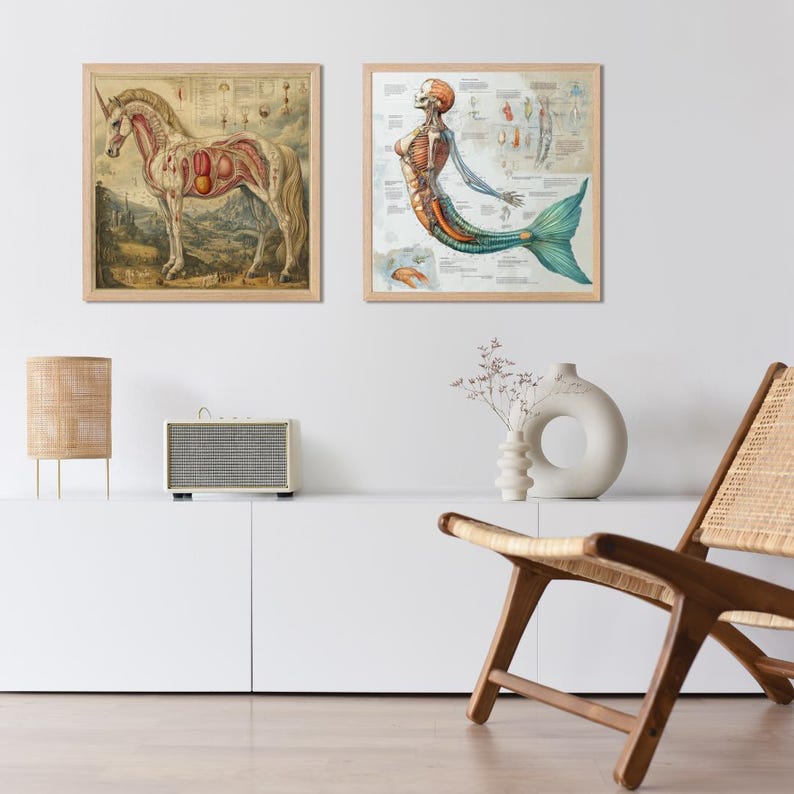 Pu&ograve; includere: Due stampe artistiche anatomiche vintage incorniciate. Una raffigura un unicorno con organi interni, l'altra uno scheletro di sirena. Entrambe sono in cornici di legno chiaro. Le stampe sono esposte su un mobile bianco, con una lampada intrecciata e un piccolo altoparlante.