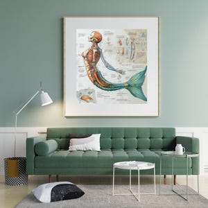 Pu&ograve; includere: Stampa artistica incorniciata di anatomia di sirena, con coda turchese e dettagli interni. L'opera d'arte &egrave; esposta sopra un divano verde. La stampa mostra le strutture scheletriche e interne.