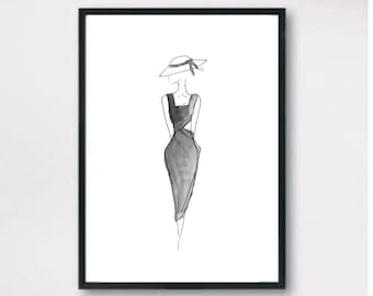 The Cut Out Dress in Grayscale, Fashion Sketch Printable Art, Digital Download Fashion Illustration