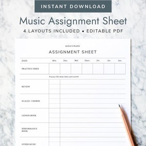 Music Assignment Sheet, Piano Practice Tracker, Music Teacher Planner, Weekly Checklist, Editable PDF, Instant Download, Letter Size, A4