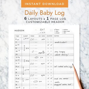 Puede incluir: Un registro diario para beb&eacute;s imprimible con un encabezado personalizable. El registro incluye secciones para la hora, el sue&ntilde;o, la alimentaci&oacute;n, las onzas, los minutos, el pa&ntilde;al y las notas. El registro est&aacute; fechado el 8/27 e incluye una lista de suministros necesarios para el cuidado del beb&eacute;.
