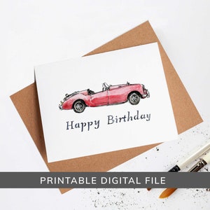Cartão de aniversário de carro para impressão, cartão de aniversário para vovô, cartão de feliz aniversário para impressão, cartão de aniversário de carro, carro elegante, cartão de carro antigo, MGA