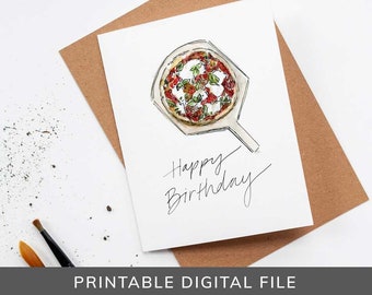 Tarjeta de cumpleaños con pizza en acuarela: regalo imprimible para amantes de la pizza (PDF)