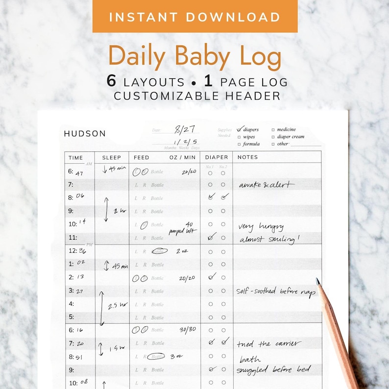 Puede incluir: Un registro diario para beb&eacute;s imprimible con un encabezado personalizable. El registro incluye secciones para la hora, el sue&ntilde;o, la alimentaci&oacute;n, las onzas, los minutos, el pa&ntilde;al y las notas. El registro est&aacute; fechado el 8/27 e incluye una lista de suministros necesarios para el cuidado del beb&eacute;.