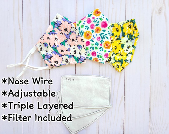 Set of 3 Face Masks Nose Wire Adjustable Adult Face Mask Etsy