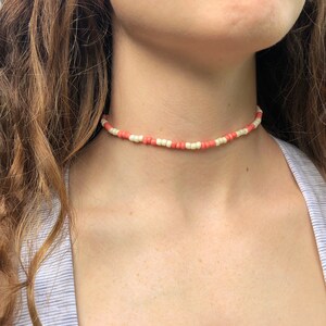 Seed Bead Choker, Beaded Choker Necklace, Seed Bead, Boho Beach Necklace, Seed Bead Necklace, Coral, Cream, Beach Choker, Fall Choker