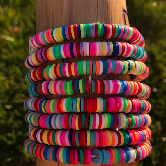 Handmade Heishi Beaded Bracelets, Colorful Vinyl Disc Beaded Rainbow  Elastic Bracelets, 6mm Heishi Beads, Handmade Surfer Bracelets 