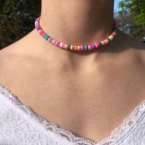 Handmade Heishi Rainbow Aloha Beaded Choker Necklace, Boho Beach Necklace, Surfer Necklace, Beach Necklace