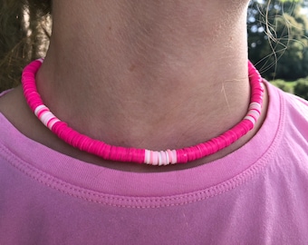 Handgemachte Heishi Aloha Perlen Choker Halskette, Boho Strand Halskette, Surfer Halskette, Strand Halskette, Rosa Heishi Perlen