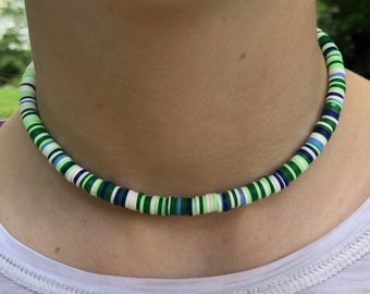 Handmade Heishi Green Rainbow Aloha Beaded Choker Necklace, Boho Beach Necklace, Surfer Necklace, Beach Necklace, Vinyl Disc Beads, Choker