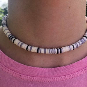 OBX necklace, Handmade Heishi Aloha Beaded Choker Necklace, Boho Beach Necklace, Surfer Necklace, Beach Necklace, White Rainbow Heishi Beads