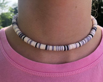 OBX necklace, Handmade Heishi Aloha Beaded Choker Necklace, Boho Beach Necklace, Surfer Necklace, Beach Necklace, White Rainbow Heishi Beads