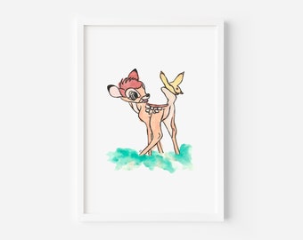 PRINTABLE DIGITAL Watercolour Art | Watercolour Line Art Bambi Nursery Painting | Kids Wall Art Decor | Handmade Gift | Digital Download